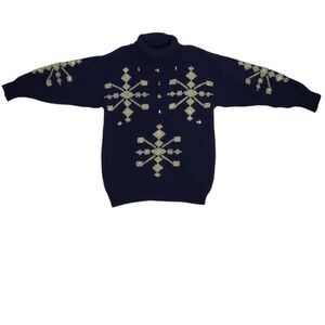 VINTAGE 90s navy blue sequined snowflake‎ turtleneck hand loomed sweater M